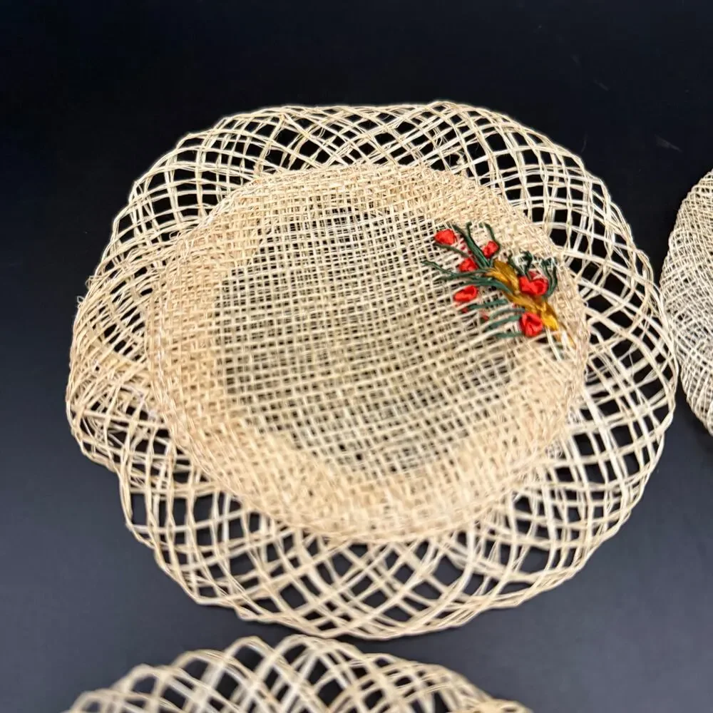 Vintage 6 Rattan Straw Lace Coasters Woven Flowers Floral
